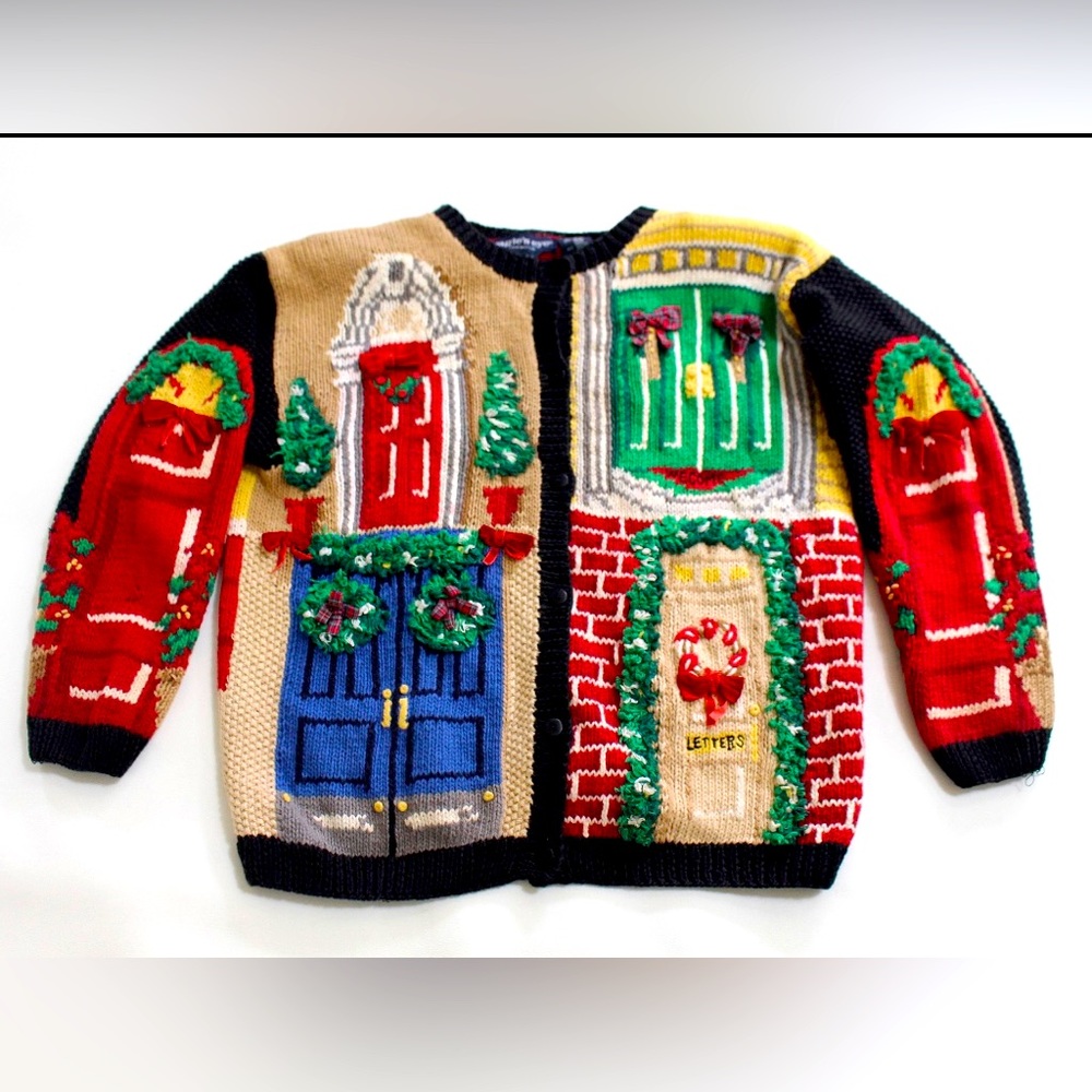 Eagle’s Eye Decorated Doors!!   Large   Vintage Ugly Christmas Sweater  Black✨